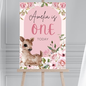 Pink Deer Welcome Sign 24x36&quot; Digital Template INSTANT DOWNLOAD Woodland Forest Floral Deer Vintage Girly Whimsy Birthday Roses Pretty - PDR