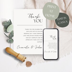May include: A printable thank you card for a wedding with the text "Thank You" in a simple black script font. The card says "Thank you for celebrating our love with us on our wedding day! Your company, love and joyous wishes made our day complete and we appreciate your love and support." The card is signed "Cassandra & Joshua".