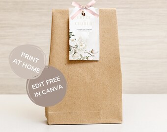 Magnolia Flower Favor Tag Digital Template, White Floral Wedding Stationary, Blush Pink Flowers, Green Foliage, Wedding Favors - MAG