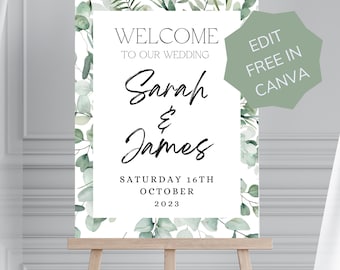 Soft Green Foliage Wedding Welcome Sign 24x36" Digital Template, Greenery Welcome Sign, Botanical Wedding Stationary, Eucalyptus Leaf - SGF