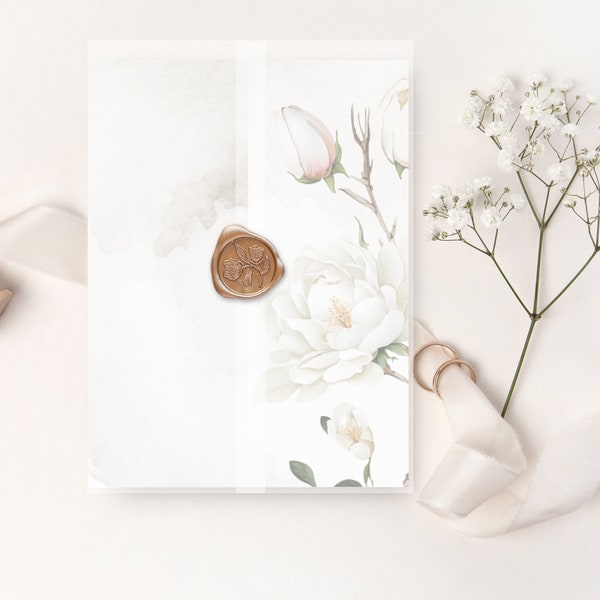 Magnolia Flower Vellum Wrap Digital Template, White Floral Wedding Stationary, Blush Pink Flowers, Elegant Greenery, Vellum Jacket - MAG