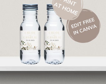 Magnolia Flower Water Bottle Label Digital Template, White Floral Wedding Stationary, Blush Pink Flowers, Elegant Greenery - MAG