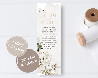 Magnolia Flower Wedding Thank You Bookmark Digital Template, White Floral Wedding Stationary, Blush Pink Flowers, Elegant Greenery - MAG