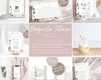 Magnolia Flower Mega Wedding Stationary Bundle Digital Templates, White Floral Wedding Stationary, Blush Pink Flowers, Green Foliage - MAG