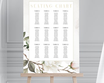 Magnolia Flower Seating Chart Digital Template, White Floral Wedding Stationary, Blush Pink Flowers, Elegant Greenery, Wedding Signage - MAG