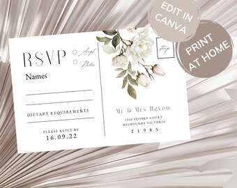 Magnolia Flower RSVP Postcard Digital Template, White Floral Wedding Stationary, Blush Pink Flowers, Elegant Greenery, Please Reply - MAG