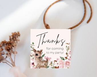 Pink Deer Square Thanks Tag 2x2 Digital Template INSTANT DOWNLOAD Woodland Forest Floral Deer Girly Whimsy Birthday Roses Pretty Sweet - PDR