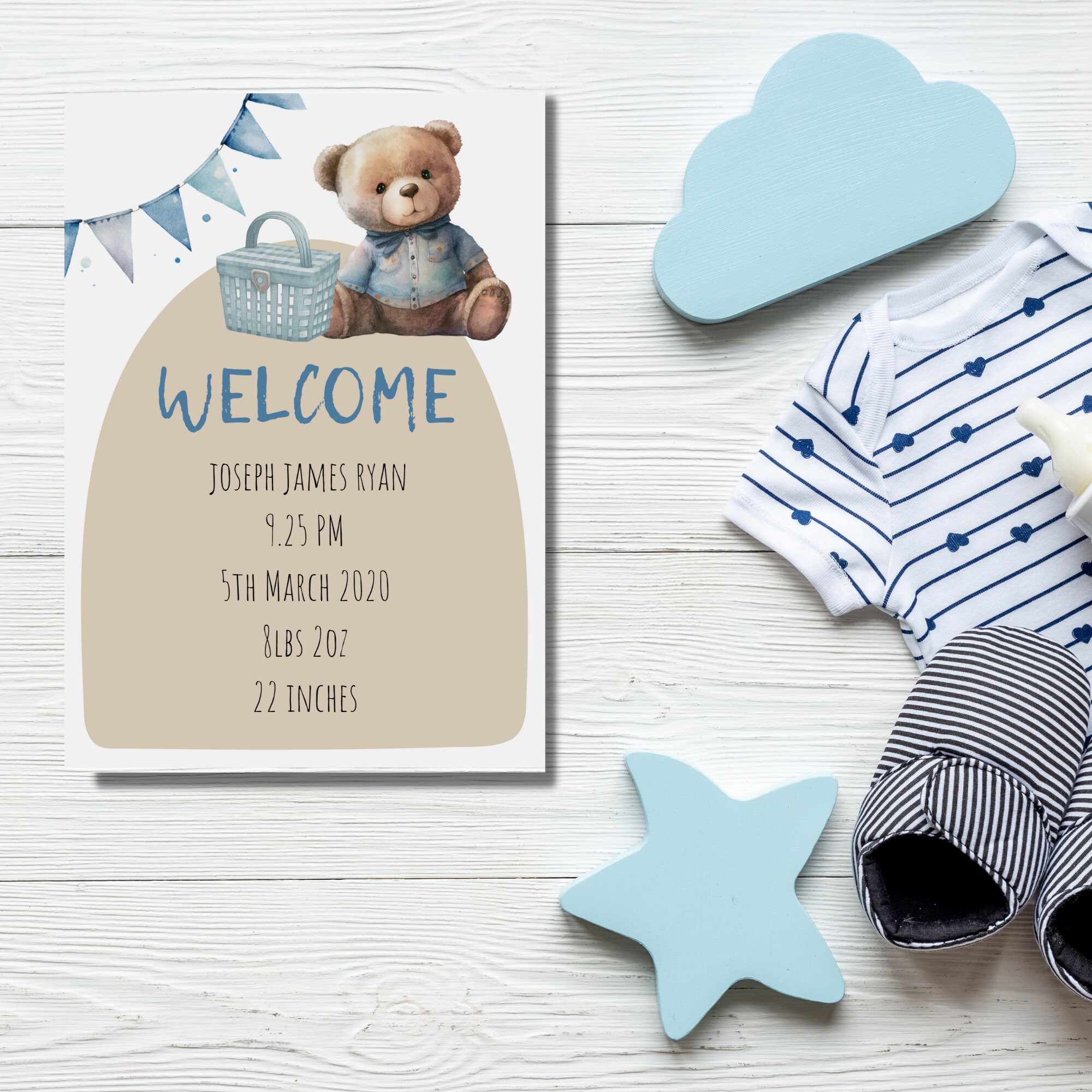 Blue Teddy Bear Milestone Cards Digital Template, Baby Boy Milestone ...
