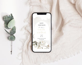Magnolia Flower Electronic Thank You Card Digital Template, White Floral Wedding Stationary, Blush Pink Flowers, Elegant Greenery - MAG