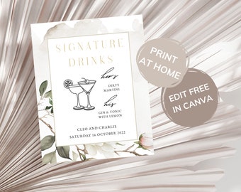 Magnolia Flower Signature Drinks Sign Digital Template, White Floral Wedding Stationary, Blush Pink Flowers, Elegant Greenery - MAG