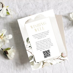 Magnolia Flower Wedding Wishing Well Card Digital Template Kod QR, Biały kwiatowy ślub, Różowe kwiaty, Elegancka zieleń - MAG