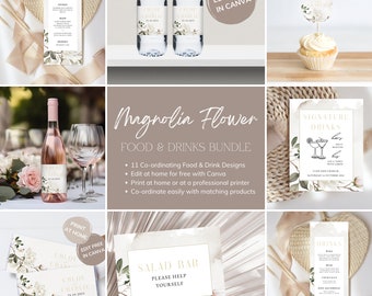 Magnolia Flower Wedding Food & Drinks Bundle Digital Templates, White Floral Wedding Stationary, Blush Pink Flowers, Elegant Greenery - MAG