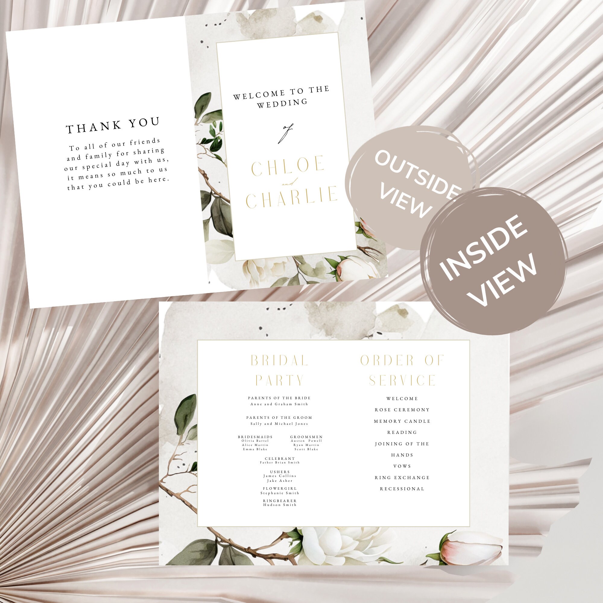 Magnolia Flower Bifold Wedding Program Digital Template, White Floral ...