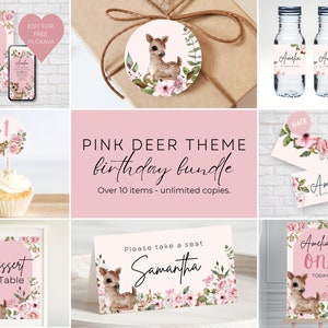 Pink Deer Birthday Stationary Bundle Digital Template INSTANT DOWNLOAD Woodland Pink Roses Forest Floral Whimsy Birthday Garland Pretty- PDR