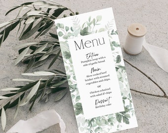 Menú de follaje verde suave 3.75x9" DESCARGA INSTANTE Plantilla digital Editable Leafy Greenery Botanical Eucalyptus Natural Simple Boho - SGF