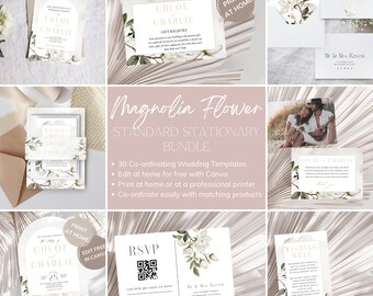 Magnolia Flower Wedding Stationary Bundle Digital Templates, White Floral Wedding Stationary, Blush Pink Flowers, Elegant Greenery - MAG