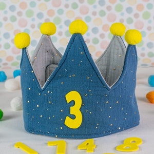 Corona di Compleanno in mussola di cotone celeste/grigio, corona per feste per bambini