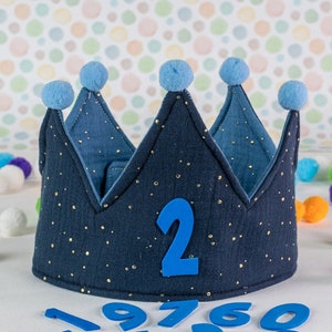 Corona di Compleanno in mussola di cotone blu/jeans, corona per feste per bambini