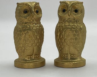 Vintage TanCraft verguld metalen zout- en peperstrooier set in de vorm van een uil, mid-century modern (MCM).