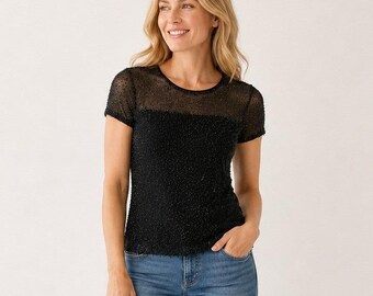Vintage Donna Karan Signature zwarte top met kralen en mesh, korte mouwen, doorschijnende blouse maat S