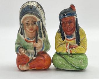 Vintage Native American zout- en peperstrooiers, Japanse keramische souvenirset, zoals ze zijn.