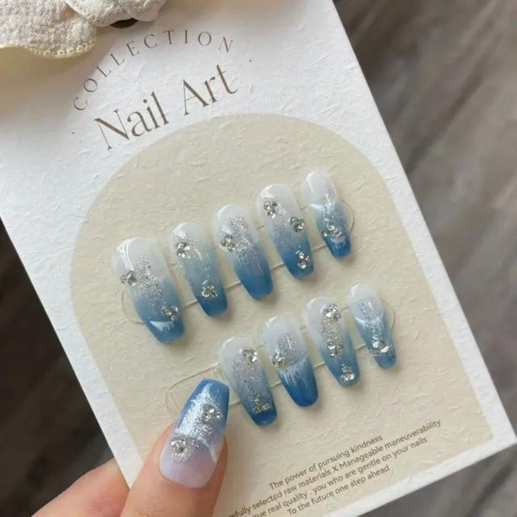 Long Nails Handmade Blue Press on Nails, Fairytale Hand Paint Design