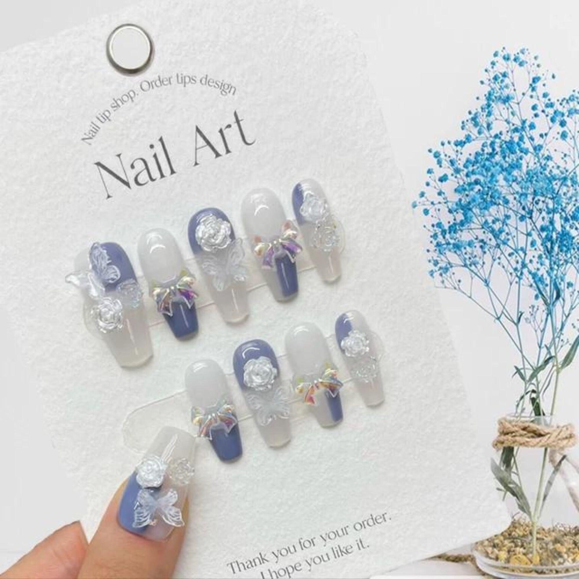 Long Nails Handmade Blue Press on Nails, Fairytale Hand Paint Design
