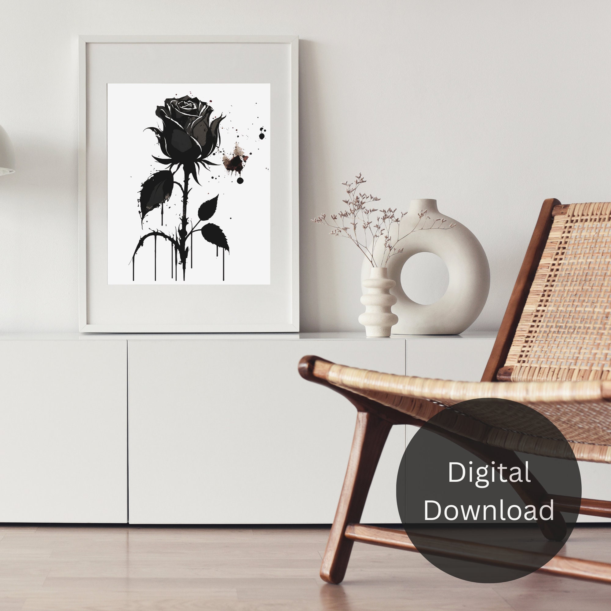 Black Rose Printable, Sumi Ink, Black Rose, Gothic, Greyscale, Decor ...