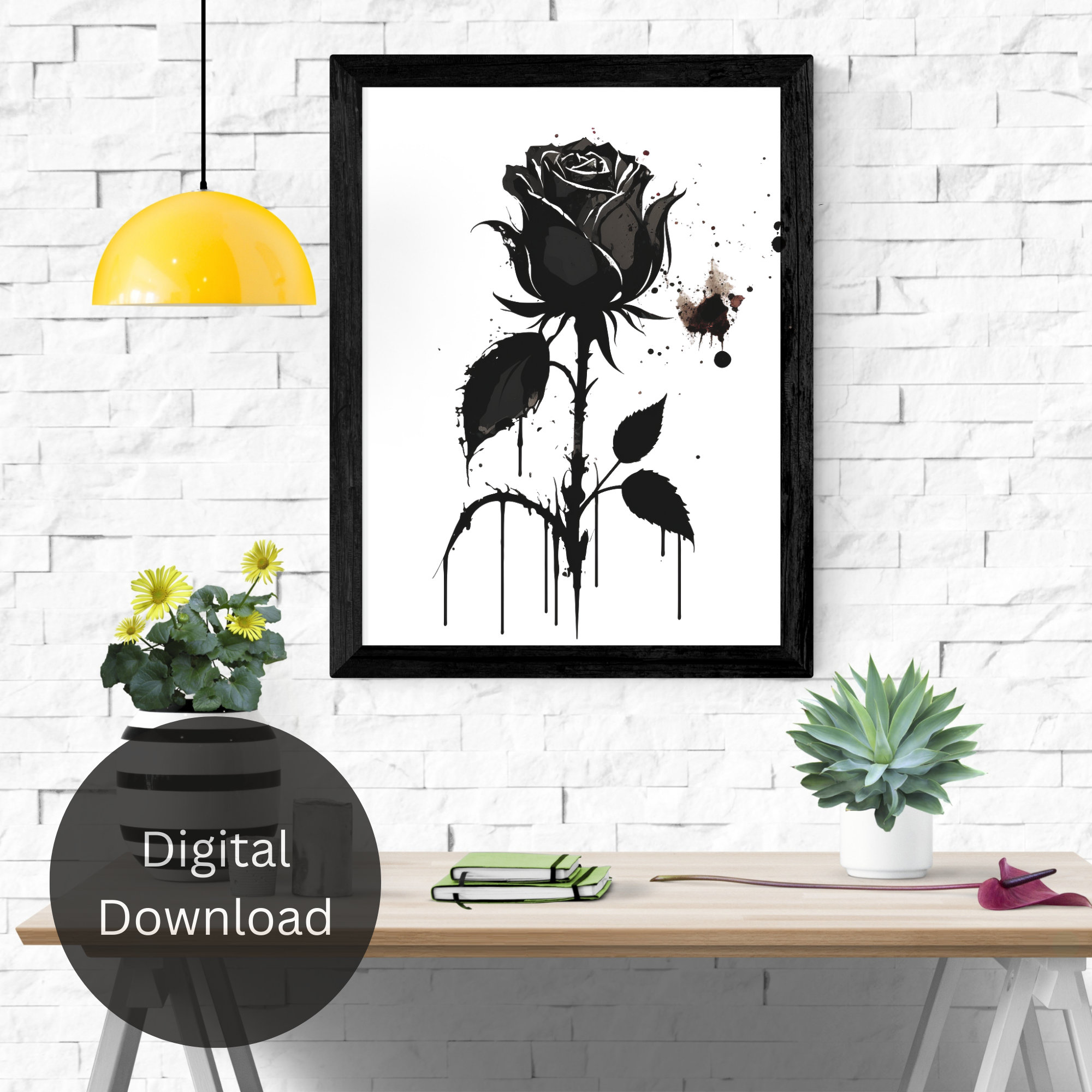 Black Rose Printable, Sumi Ink, Black Rose, Gothic, Greyscale, Decor ...