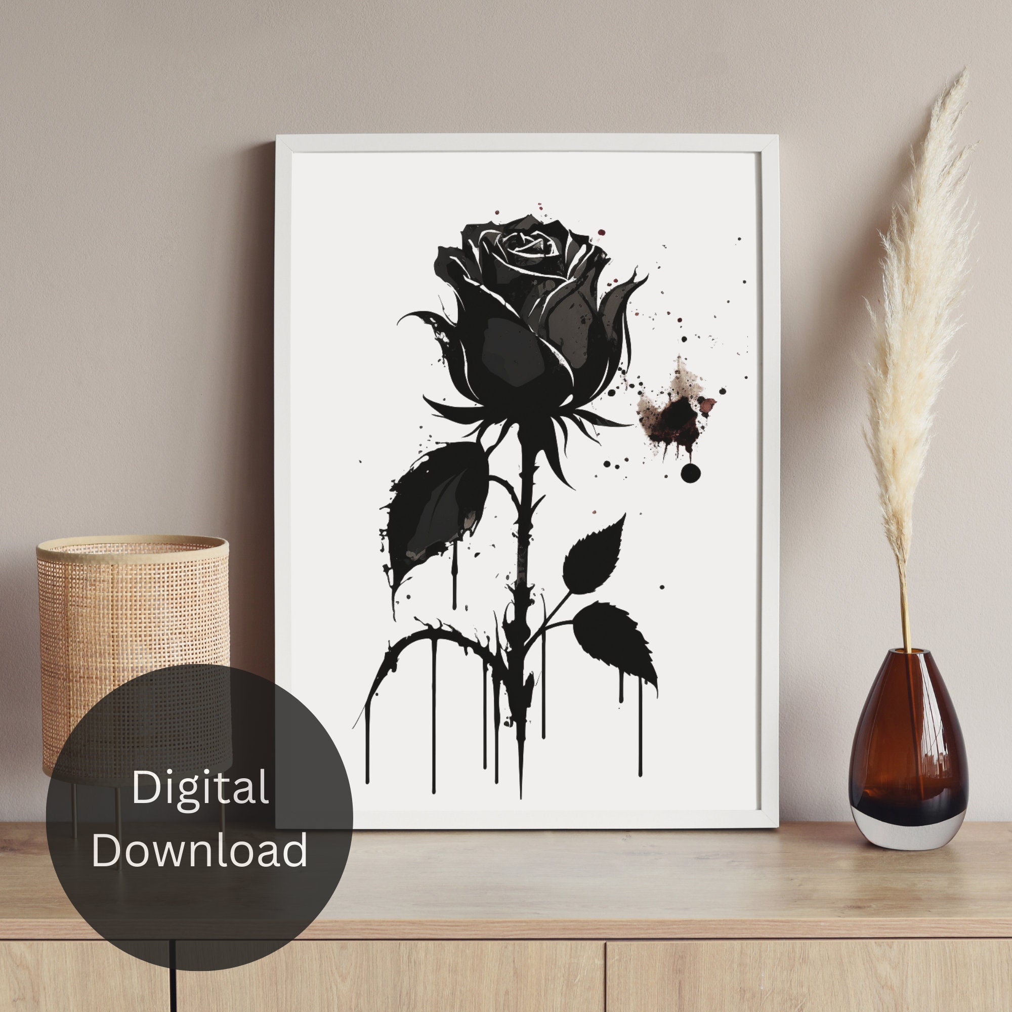 Black Rose Printable, Sumi Ink, Black Rose, Gothic, Greyscale, Decor ...