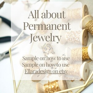 May include: Close-up of spools of gold and silver chain on a wooden base. The spools are arranged in a geometric pattern on a white surface. The text "All about Permanent Jewelry" is visible in the image.