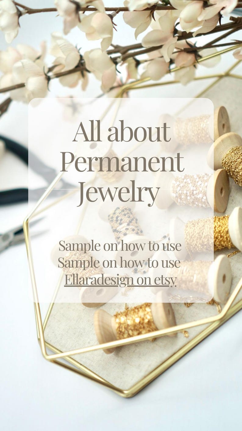 May include: Close-up of spools of gold and silver chain on a wooden base. The spools are arranged in a geometric pattern on a white surface. The text "All about Permanent Jewelry" is visible in the image.