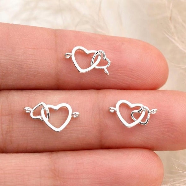 Sterling Silver Interlocking Hearts Connector for Permanent Jewelry, jewelry making. Mama and mini, Besties and entangled heart charm.