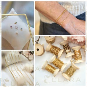 May include: A collage of images showcasing the process of making gold chain bracelets. The images show spools of gold chain, close-ups of the chain, and finished bracelets being worn on wrists. The text "ELLARA" is visible in the bottom right corner of the image.