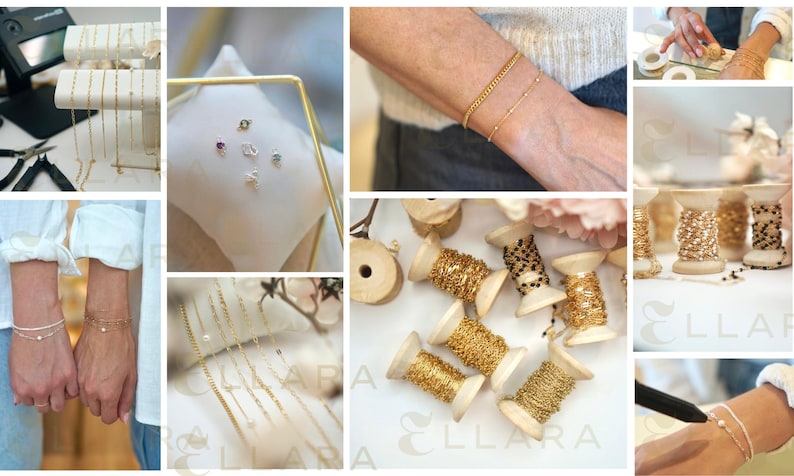 May include: A collage of images showcasing the process of making gold chain bracelets. The images show spools of gold chain, close-ups of the chain, and finished bracelets being worn on wrists. The text "ELLARA" is visible in the bottom right corner of the image.
