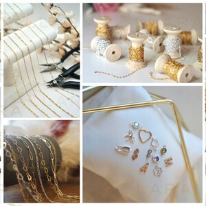 May include: Assortment of gold and silver chain spools, charms, and jewellery making supplies.  The image shows a variety of chain styles, including cable, curb, and box chains.  There are also a variety of charms, including hearts, stars, and infinity symbols.