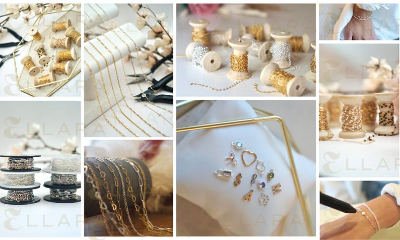 May include: Assortment of gold and silver chain spools, charms, and jewellery making supplies.  The image shows a variety of chain styles, including cable, curb, and box chains.  There are also a variety of charms, including hearts, stars, and infinity symbols.