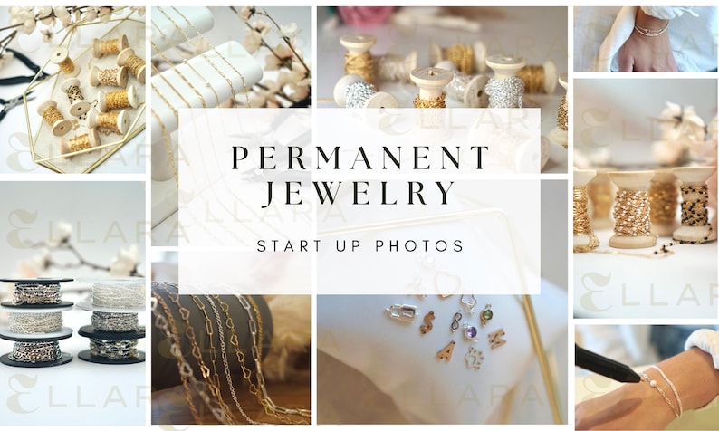 May include: A collage of images showcasing various jewellery making supplies, including spools of gold and silver chain, beads, and charms. The text "PERMANENT JEWELLERY START UP PHOTOS" is displayed in the centre of the collage.