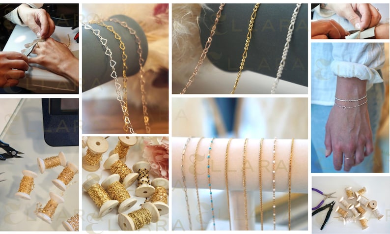 May include: Close-up of spools of gold chain, with various chain styles and sizes. The chains are arranged on a white surface.