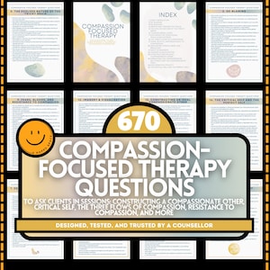 以下が含まれることがあります： 「思いやりのあるセラピーの質問」というタイトルの情報カードのコレクション。カードには「670」や「セッションでクライアントに尋ねる」などのテキストが記載されています。デザインにはスマイリーフェイスのロゴが含まれています。