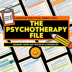 May include: A bright orange and yellow graphic with the text "The Psychotherapy File" in black. The graphic is overlaid on a background of several worksheets with the text "Cognitive Analytical Therapy (CAT)" and "Traps" visible. A yellow pencil and a smiley face logo are also visible.