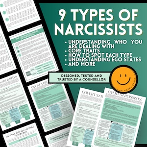 Puede incluir: Una infografía verde y blanca titulada "9 Tipos de Narcisistas" con una cara amarilla sonriente en la esquina superior derecha. La infografía incluye texto sobre la comprensión de los narcisistas, los rasgos centrales y cómo detectar cada tipo. El texto "Diseñado, probado y confiable por un consejero" también está incluido.