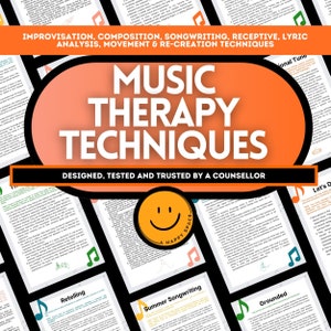 May include: A colorful poster with the text "Music Therapy Techniques" in large, bold letters. The poster is designed for counselors and features a smiling face and musical notes.