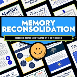 Op de afbeelding: Een blauwe en groene afbeelding met de tekst "Memory Reconsolidation" in wit. De afbeelding bevat ook een glimlachend geel gezicht met de tekst "A Happy Space" en de woorden "Designed, Tested and Trusted by a Counsellor".
