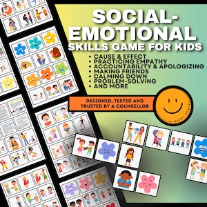 May include: A social-emotional skills game for children with colourful illustrations of children in various situations. The game includes cards with images and text that focus on practicing empathy, accountability, making friends, calming down, problem-solving, and more. The game is designed, tested, and trusted by a counsellor.