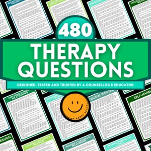 May include: A green and white graphic with the text "480 Therapy Questions" and a smiling face. The graphic is surrounded by smaller cards with text about therapy topics, such as "Exploring Current Relationships", "Exploring Symptoms", "Suicidal Ideation", "Self-Harm", "Building a Therapeutic Relationship", and "Setting Therapeutic Goals".