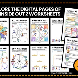 May include: A collection of digital worksheets titled "Explore the Digital Pages of the Inside Out 2 Worksheets." The worksheets cover topics like emotions, core beliefs, and character design. Each worksheet is illustrated with colorful graphics and text.