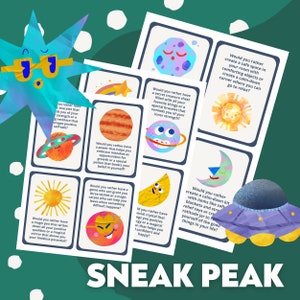 May include: A set of colorful cards with illustrations of planets, stars, and moons. Each card features a question about making choices, such as "Would you rather have a power that helps you embrace mistakes as opportunities for growth or a special potion that boosts your belief in yourself?"  The cards are designed for self-reflection and personal growth.