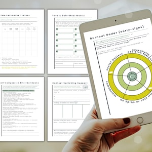 May include: A hand holding a tablet displaying a "Burnout Radar" graphic with text including "meltdowns" and "social battery." Surrounding the tablet are printed worksheets titled "Time Estimates Trainer" and "Food & Safe Meal Matrix."