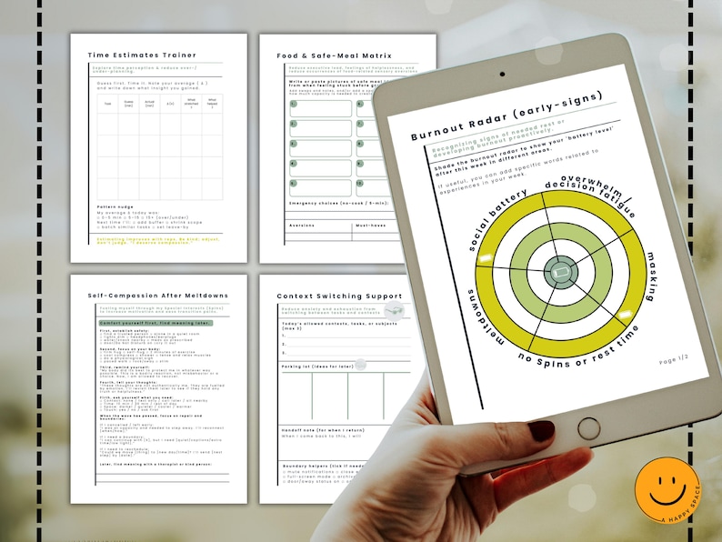May include: A hand holding a tablet displaying a "Burnout Radar" graphic with text including "meltdowns" and "social battery." Surrounding the tablet are printed worksheets titled "Time Estimates Trainer" and "Food & Safe Meal Matrix."